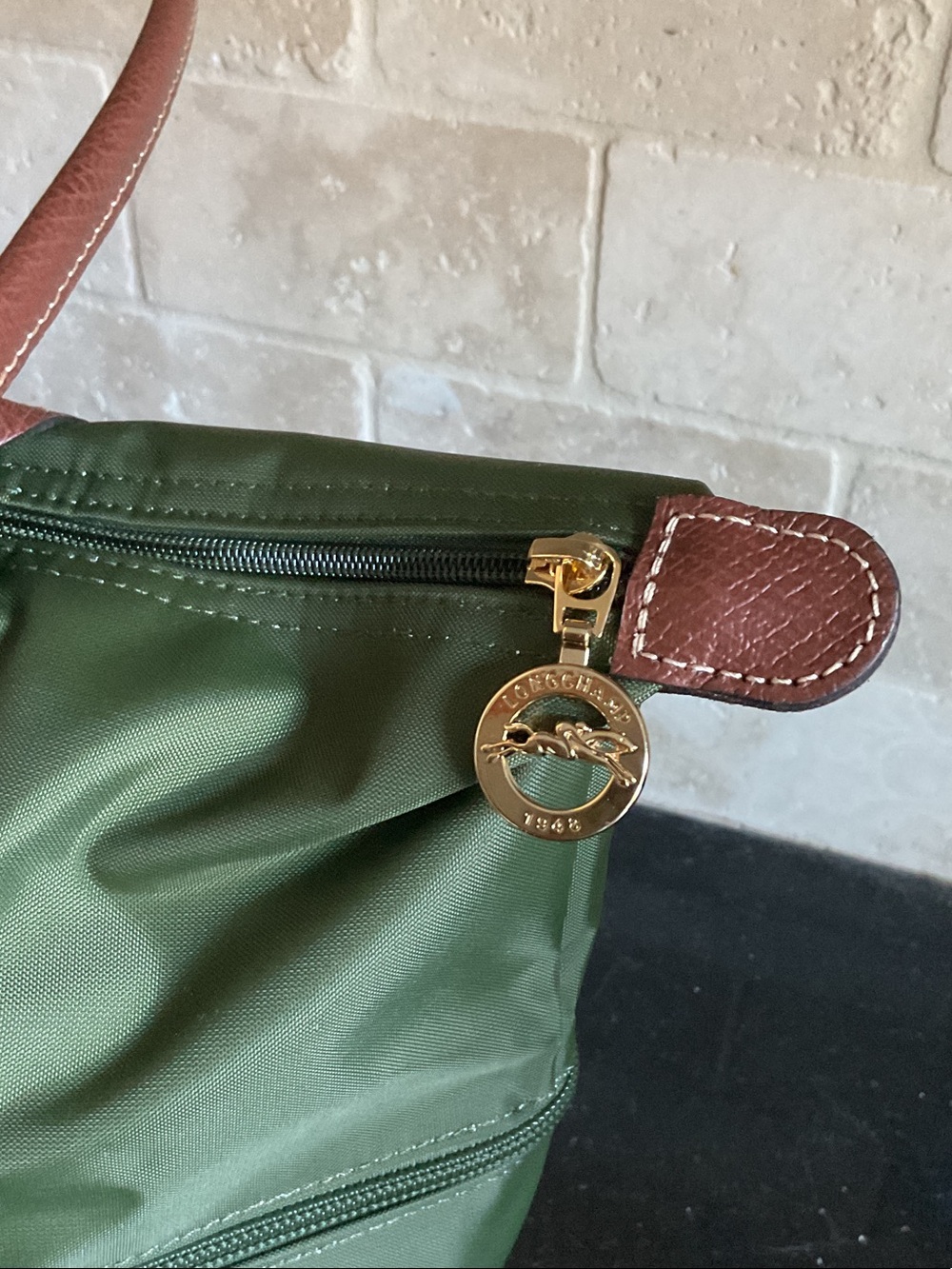 Longchamp Olive Nylon Tote with Brown Leather Trim - Picture 5 of 11